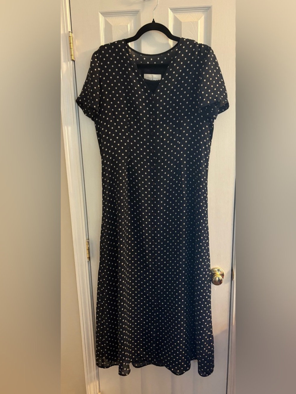 Vintage Liz Claiborne Navy Midi Dress with White Polka Dots